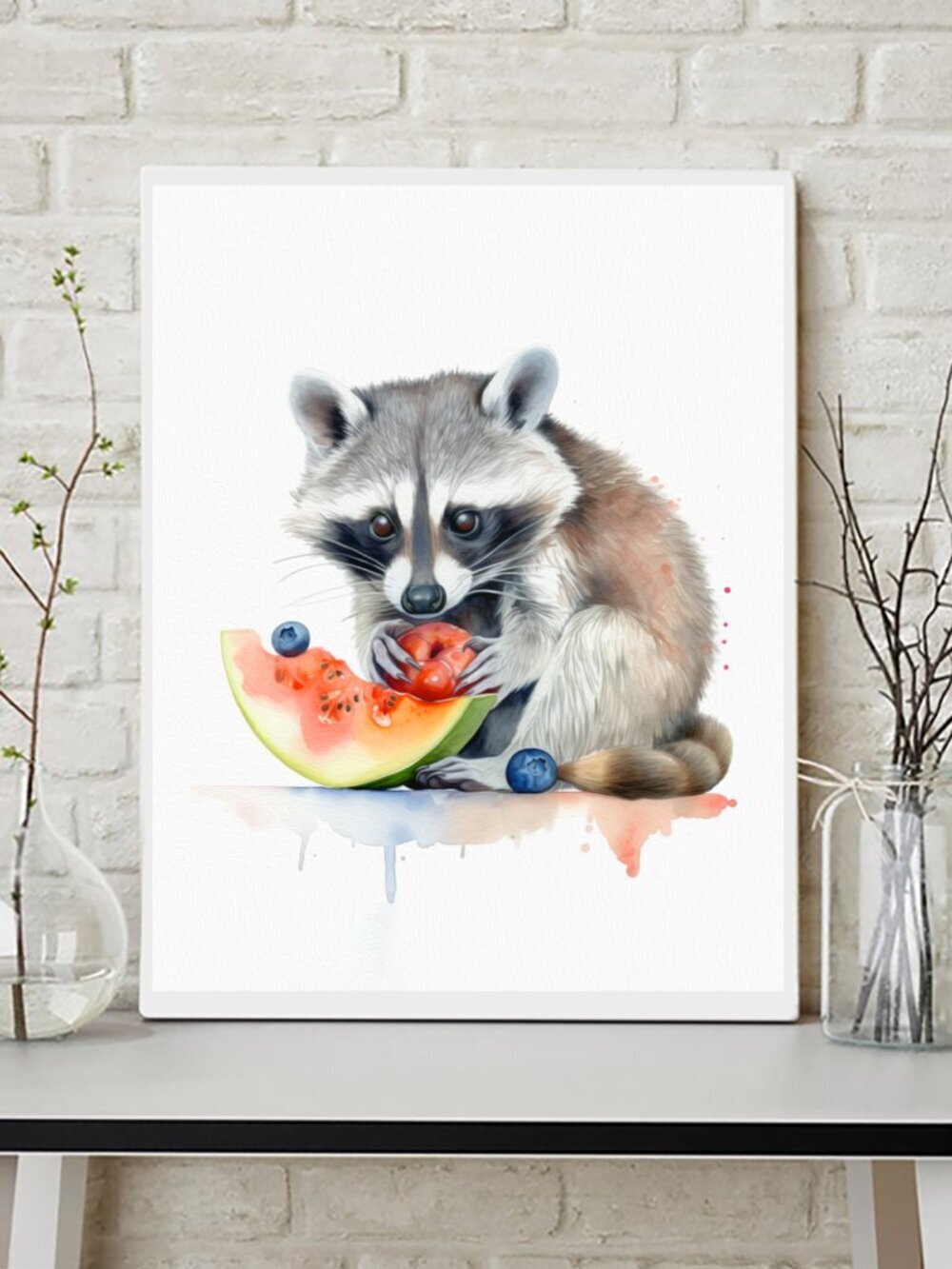 8x10 Raccoon Watermelon Blueberries Watercolor Oil Painting Art Print